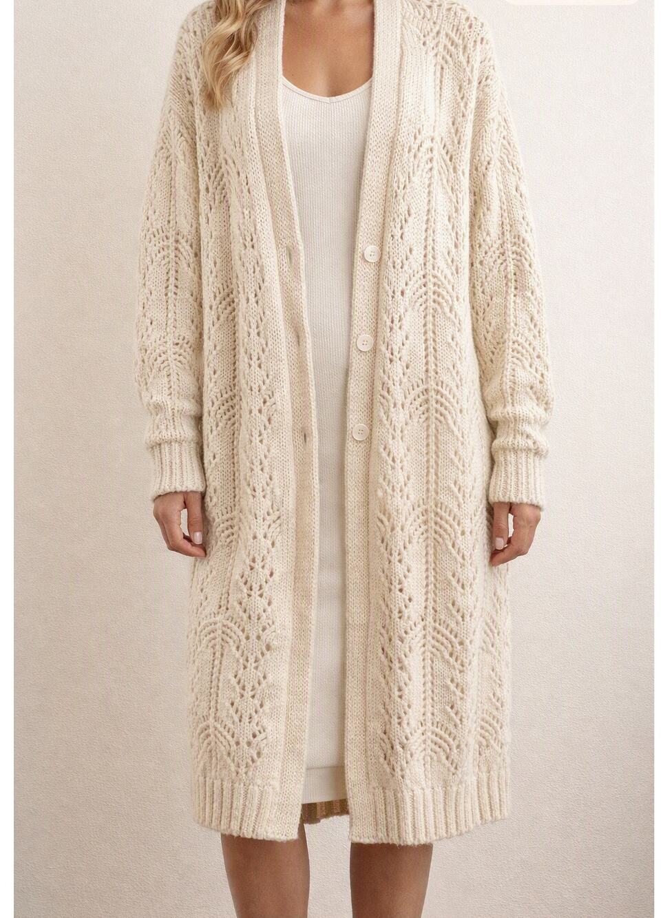 AMS Pure Long Sleeve Duster Maxi Wool Blend Cardigan Sweater Cream 6